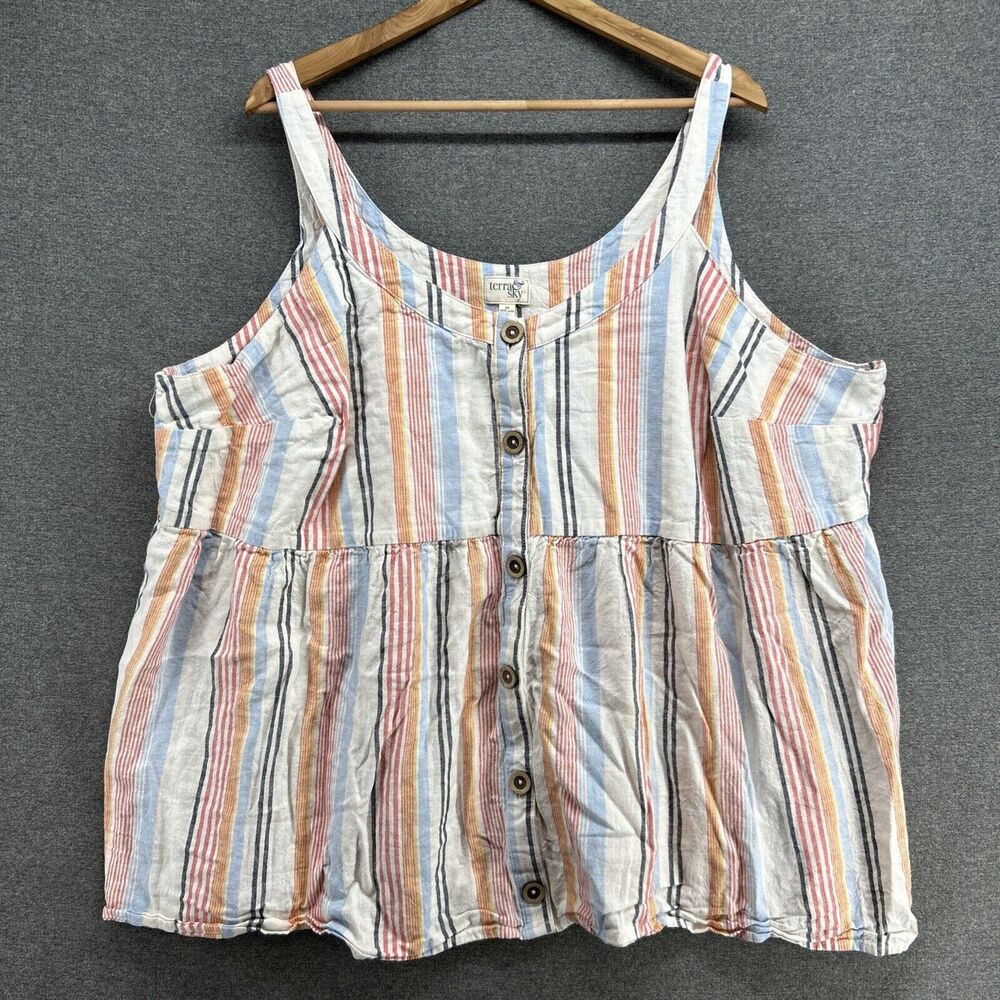Terra & Sky 4X Striped Linen Blend Button Front Tank Top Sleeveless Plus Size